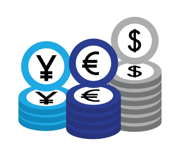 Dólar en euros y monedas de yen — Vector de stock