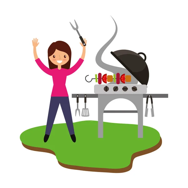 Vrouw in barbecue met grill — Stockvector