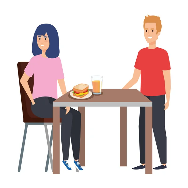 Pareja joven comiendo en personajes de mesa — Vector de stock