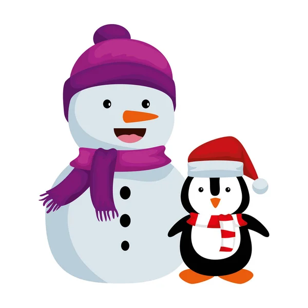 Muñeco de nieve lindo con personajes de Navidad pingüino — Vector de stock