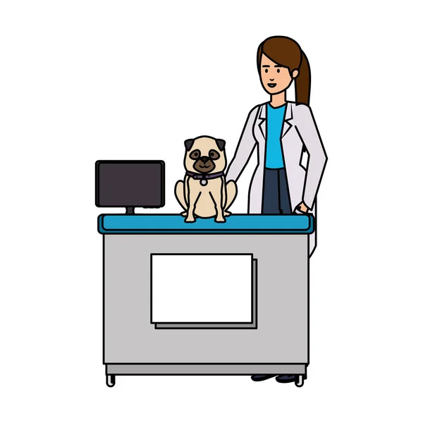 Női állatorvosi a kutya az irodában — Stock Vector