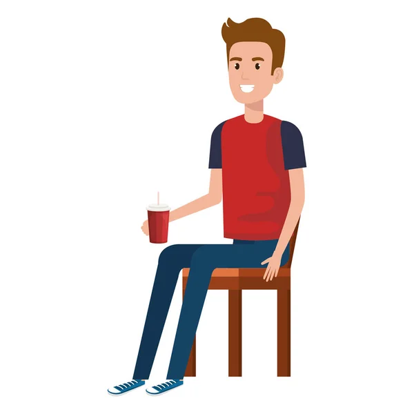 Jeune homme assis sur une chaise avec soda — Image vectorielle