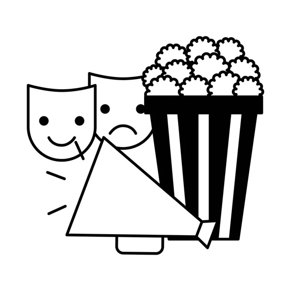 Popcorn megafono e maschere cinema film — Vettoriale Stock