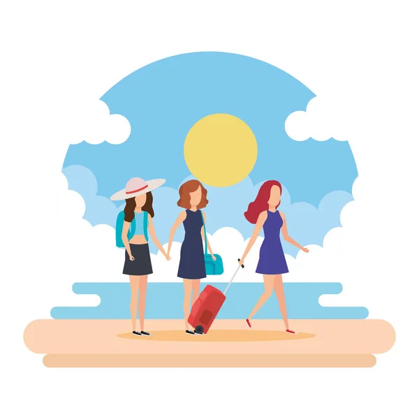 Туристы девушки с чемоданами на пляже — стоковый вектор