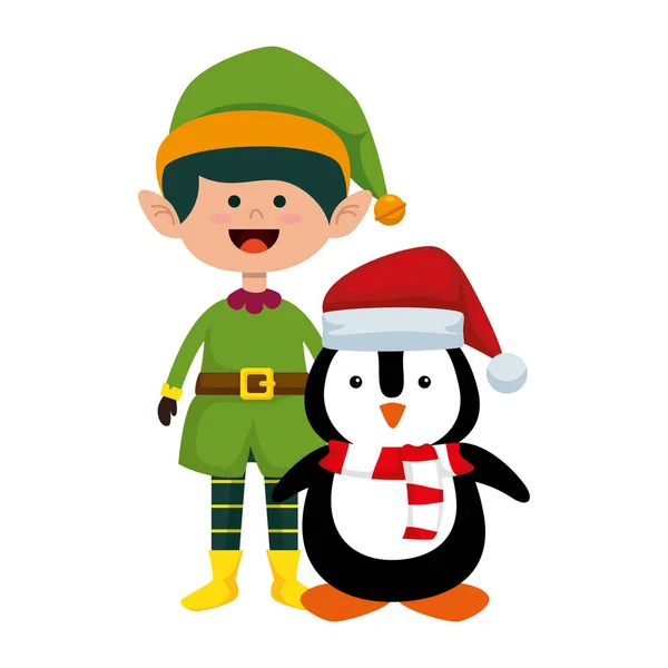 Elfo bonito com pinguim personagens de Natal — Vetor de Stock