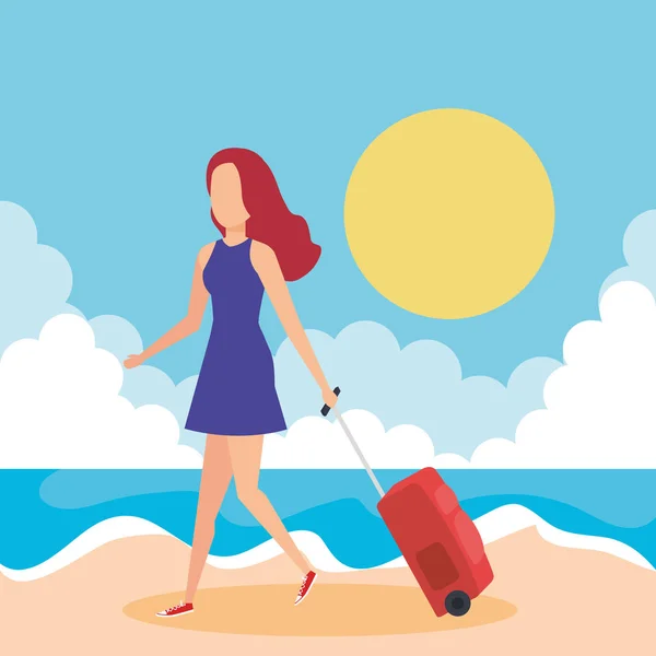 Turista chica con maleta en la playa — Vector de stock