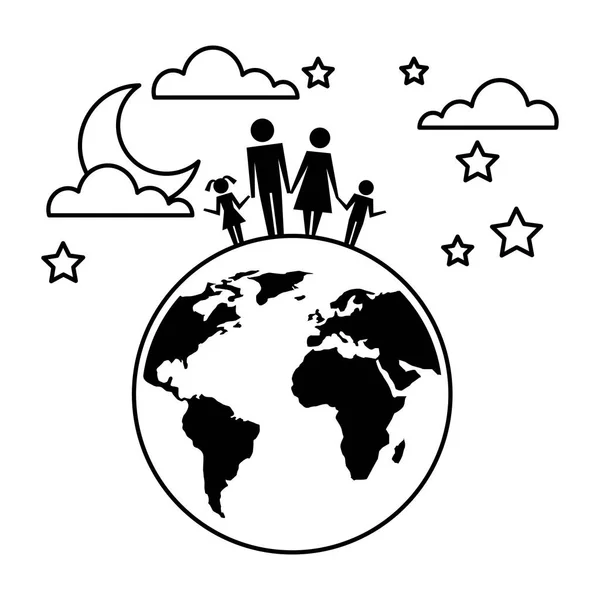 Family in planet earth silhouette avatars — Stock Vector