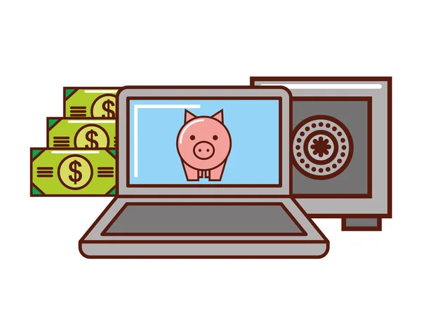 Business money laptop piggy bank safe box — Stock Vector