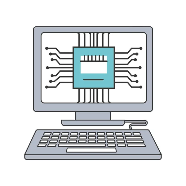 Ordinateur de bureau avec micropuce icône isolée — Image vectorielle