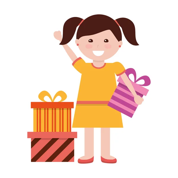 Happy girl with many gift boxes birthday — Stock Vector