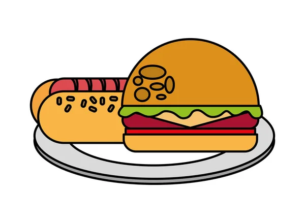 Hamburger e hot dog su piatto cibo picnic — Vettoriale Stock
