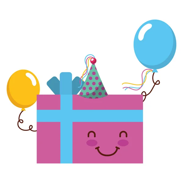 Γενέθλια χαριτωμένο καρτούν κουτί δώρου μπαλόνια πάρτι — Διανυσματικό Αρχείο