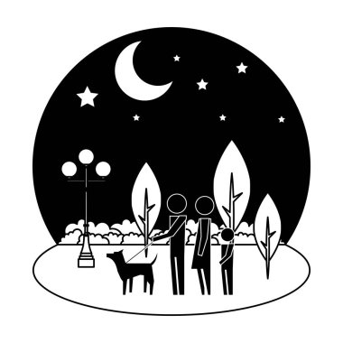 gece manzara siluetoğlu ve köpek maskotu ile ebeveynler