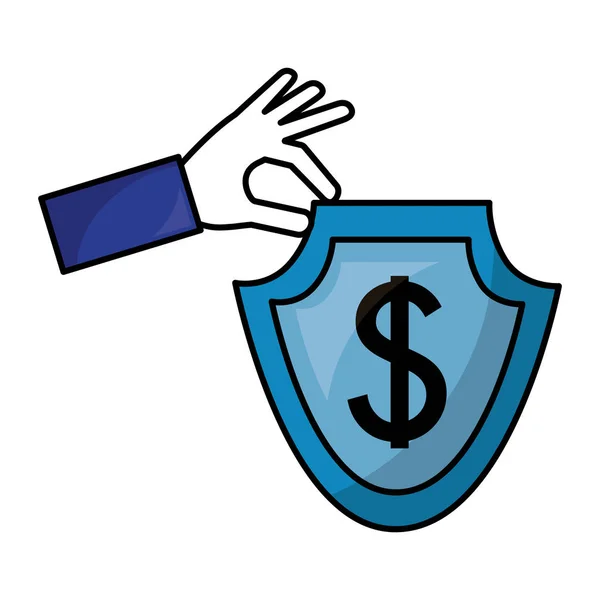 Mano con scudo e simbolo del dollaro icona isolata — Vettoriale Stock