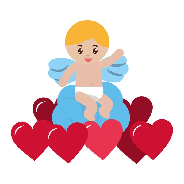 Cute cupid sitting cloud hearts love valentine — Stock Vector