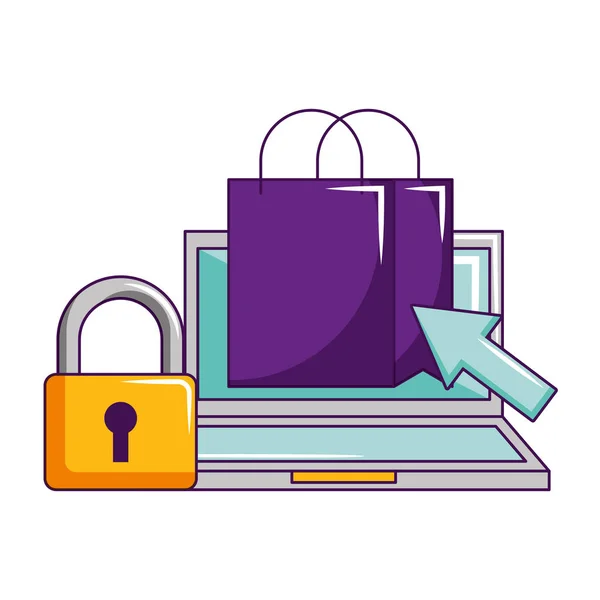 Laptop online shopping bag click security — Stock Vector