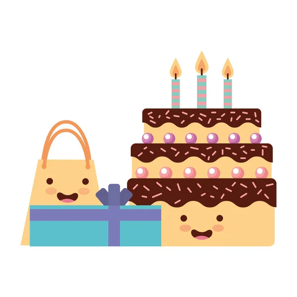 Születésnapi Kawaii torta ajándék és táska Party — Stock Vector