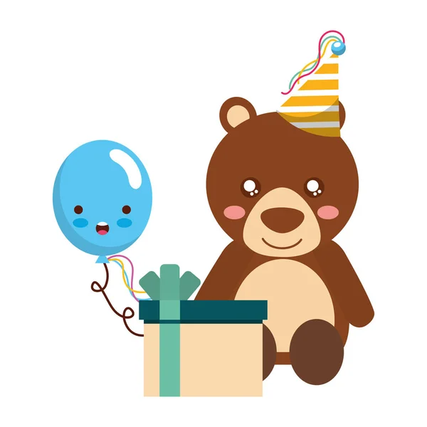 Bonito urso presente balão kawaii aniversário — Vetor de Stock