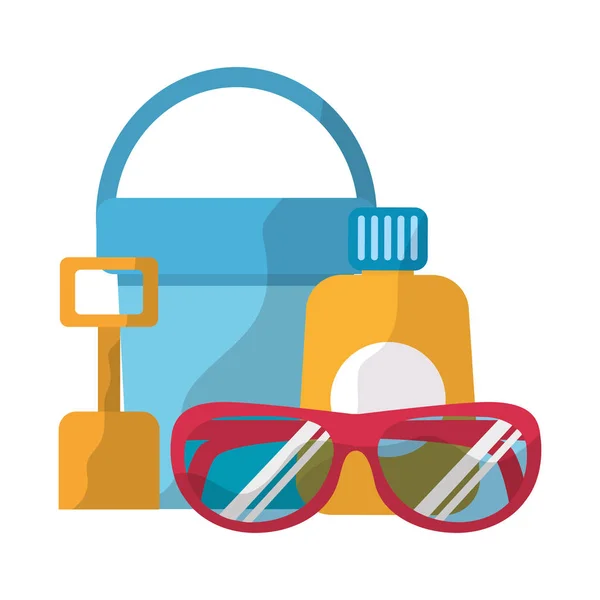 Seau lunettes de soleil pelle et crème solaire accessoire vacances à la plage — Image vectorielle