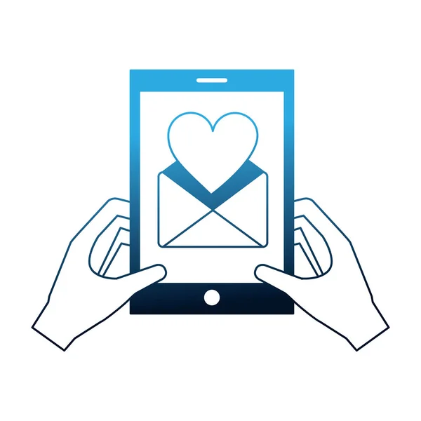 Mãos com mensagem de smartphone amor romântico — Vetor de Stock