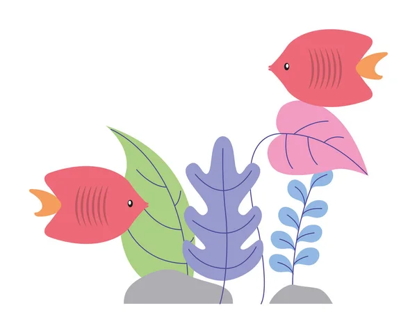 Poissons avec des plantes feuillage sauvage scène — Image vectorielle