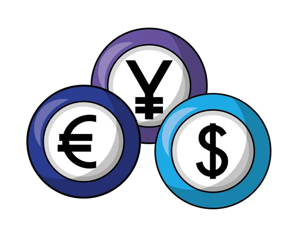 Foreign exchange currency coins yen euro dollar — Stock Vector