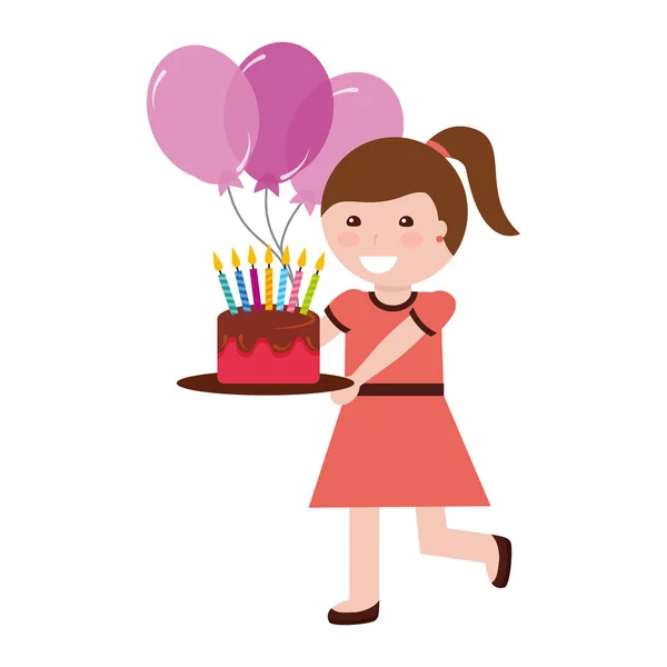 Linda chica celebración de pastel de cumpleaños con velas y globos — Vector de stock