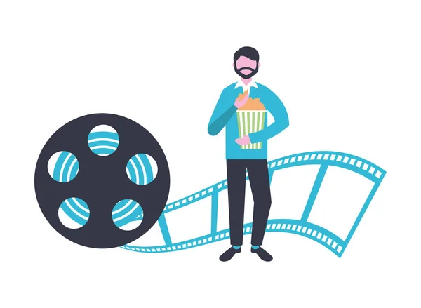 Muž s popcornem, pruh produkce filmový film — Stockový vektor