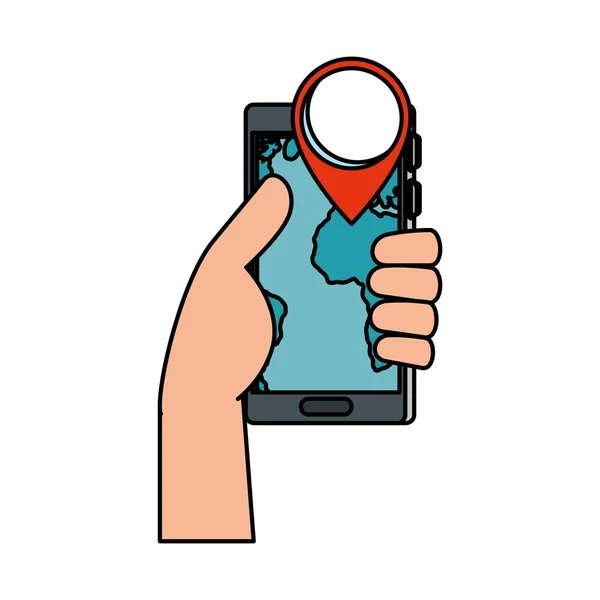 Пользовательская рука со смартфоном и приложением pin gps — стоковый вектор