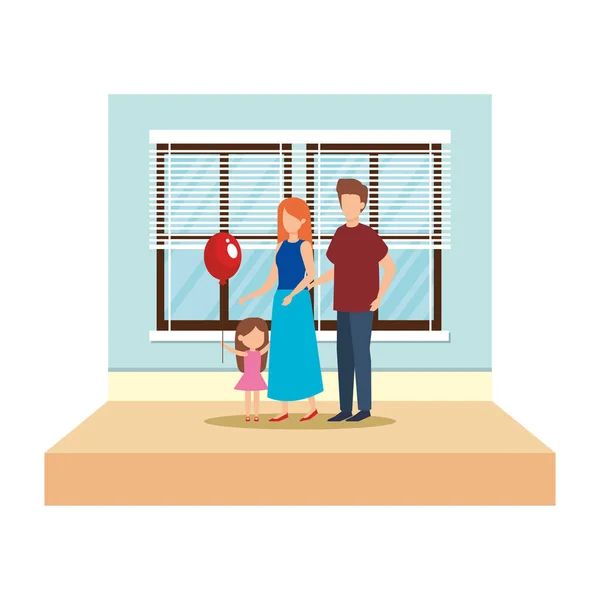 Padres con hija y helio globo en la casa — Vector de stock
