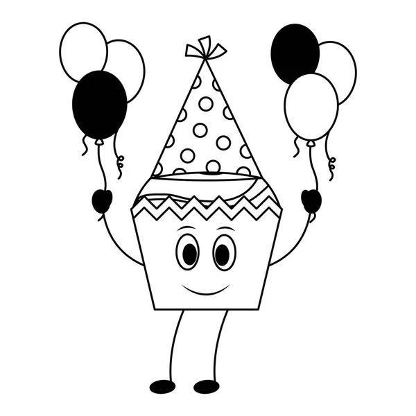Kawaii bithday cupcake met partij hoed en ballonnen — Stockvector
