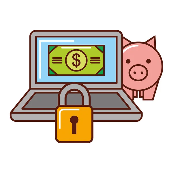 Business piggy bank money laptop security online — Stock Vector