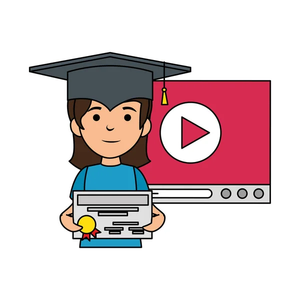 Pequena estudante com diploma e player de vídeo — Vetor de Stock