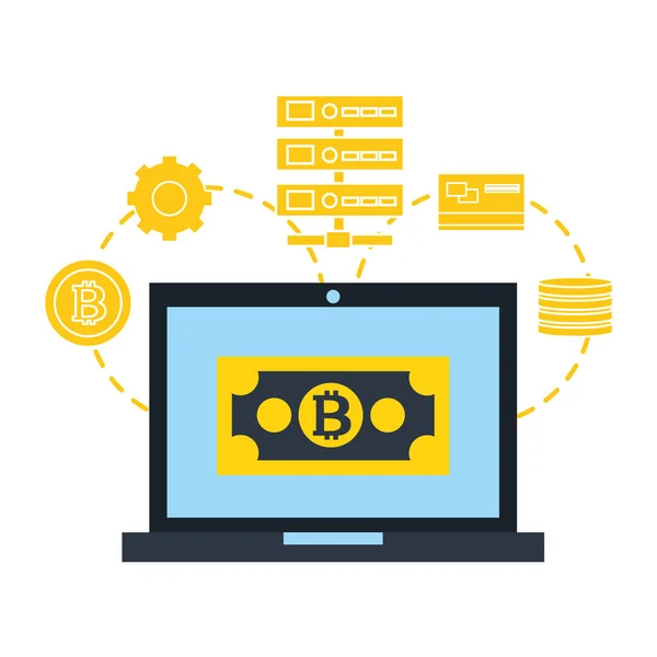 Laptop bitcoin conexão de banco de dados fintech — Vetor de Stock