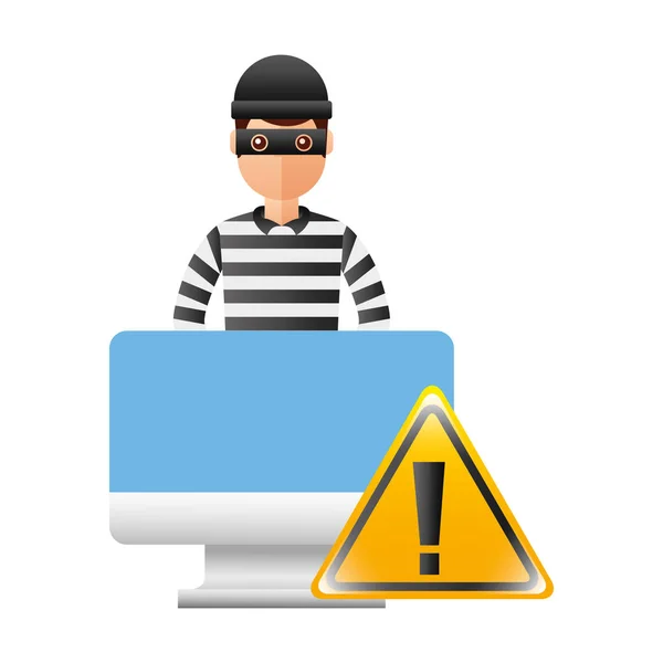 Zlodějka s monitorem a výstražnou signacím — Stockový vektor