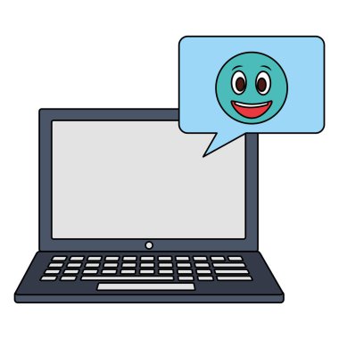 konuşma balonu ve emoji kawaii ile dizüstü bilgisayar