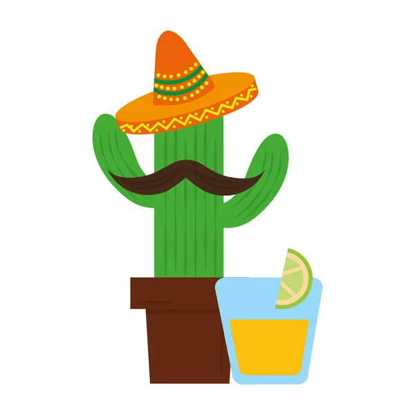 Dibujos animados de cactus con sombrero tequila bebida mexicana — Vector de stock