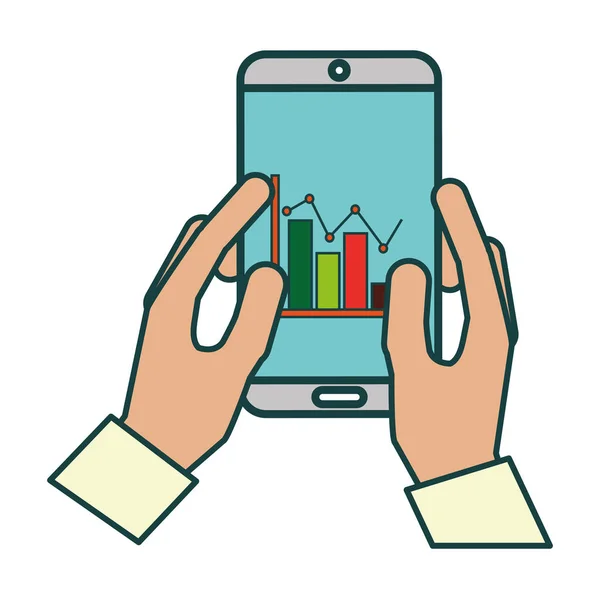Ręce za pomocą smartfona ze statystykami — Wektor stockowy
