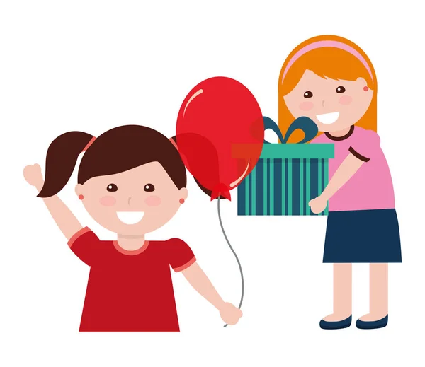Δύο κορίτσι με δώρο γενεθλίων και μπαλόνι — Διανυσματικό Αρχείο