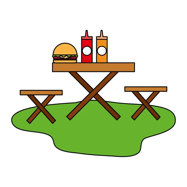 Pique-nique, sauce burger et table — Image vectorielle