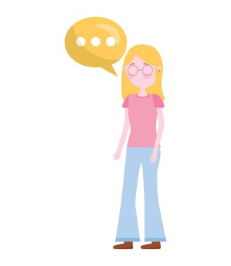 Gözlüklü ve konuşma baloncuklu genç kadın.