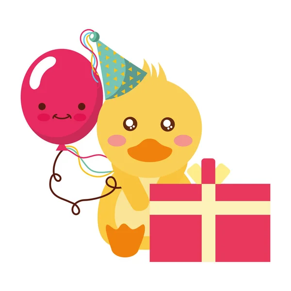 Lindo regalo de pato y globo kawaii cumpleaños — Vector de stock