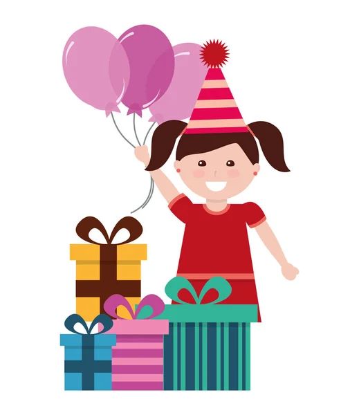 Happy girl holding balloons and birthday gifts — Stock Vector