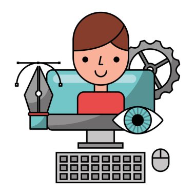 genç adam izole simgesi ile masaüstü bilgisayar