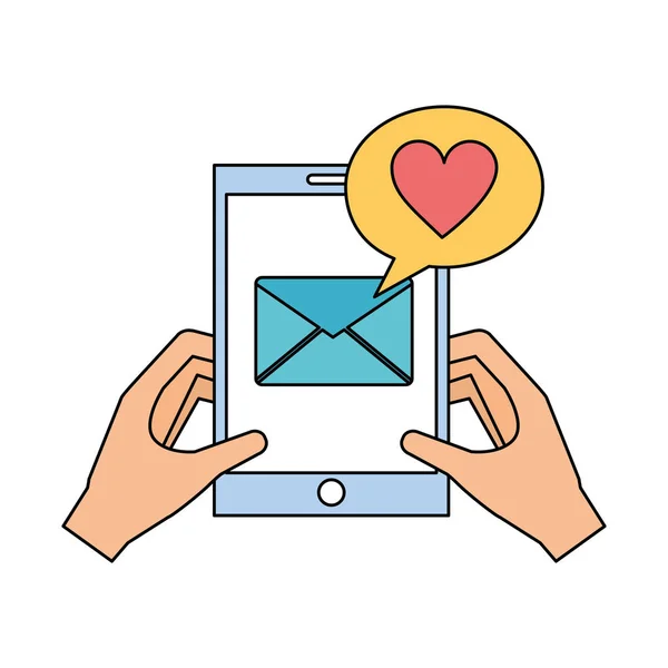 Kezek-val smartphone e-mail üzenet szerelem — Stock Vector