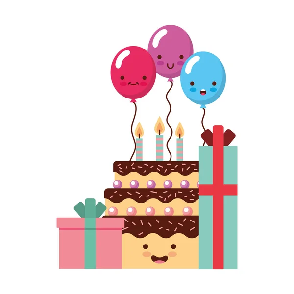 Cumpleaños kawaii pastel de regalo y globos — Vector de stock