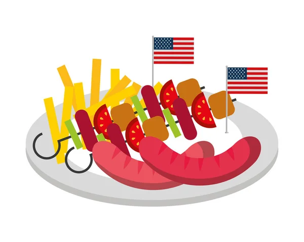 Salsichas e kebabs bandeira americano comida celebração — Vetor de Stock