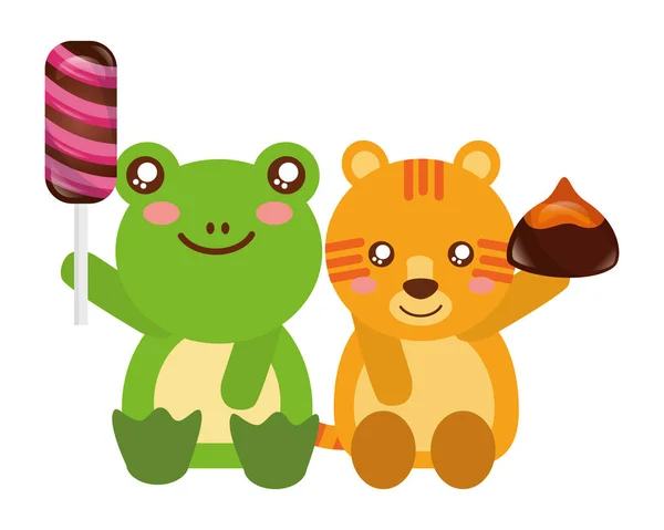 Mignonne tigre et grenouille bonbons sucrés chocolat — Image vectorielle