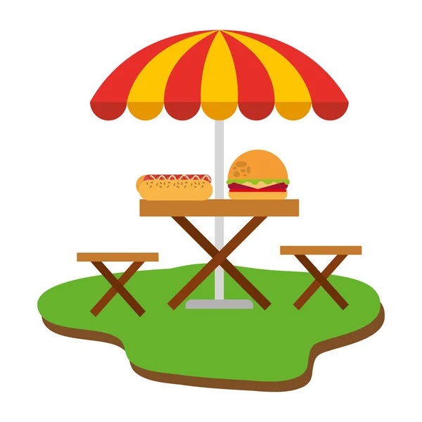 Silla de picnic con hamburguesa y hot dog — Vector de stock