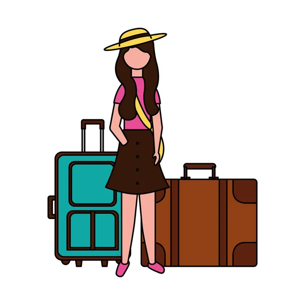 Reisende Frau mit Koffern im Urlaub — Stockvektor